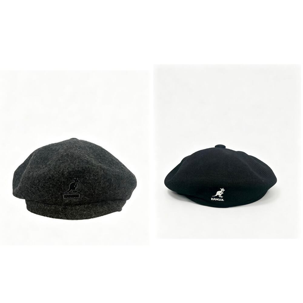 2Pcs KANGOL Flat Cap Set Dark Grey Thick Wool & Black Thin Breathable Mesh